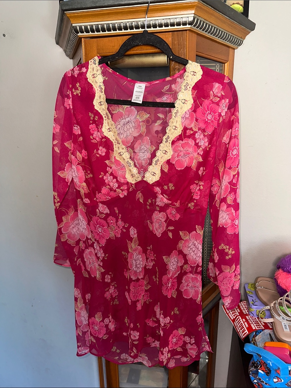 Fuchsia Floral Lace-Trim Sheer Top